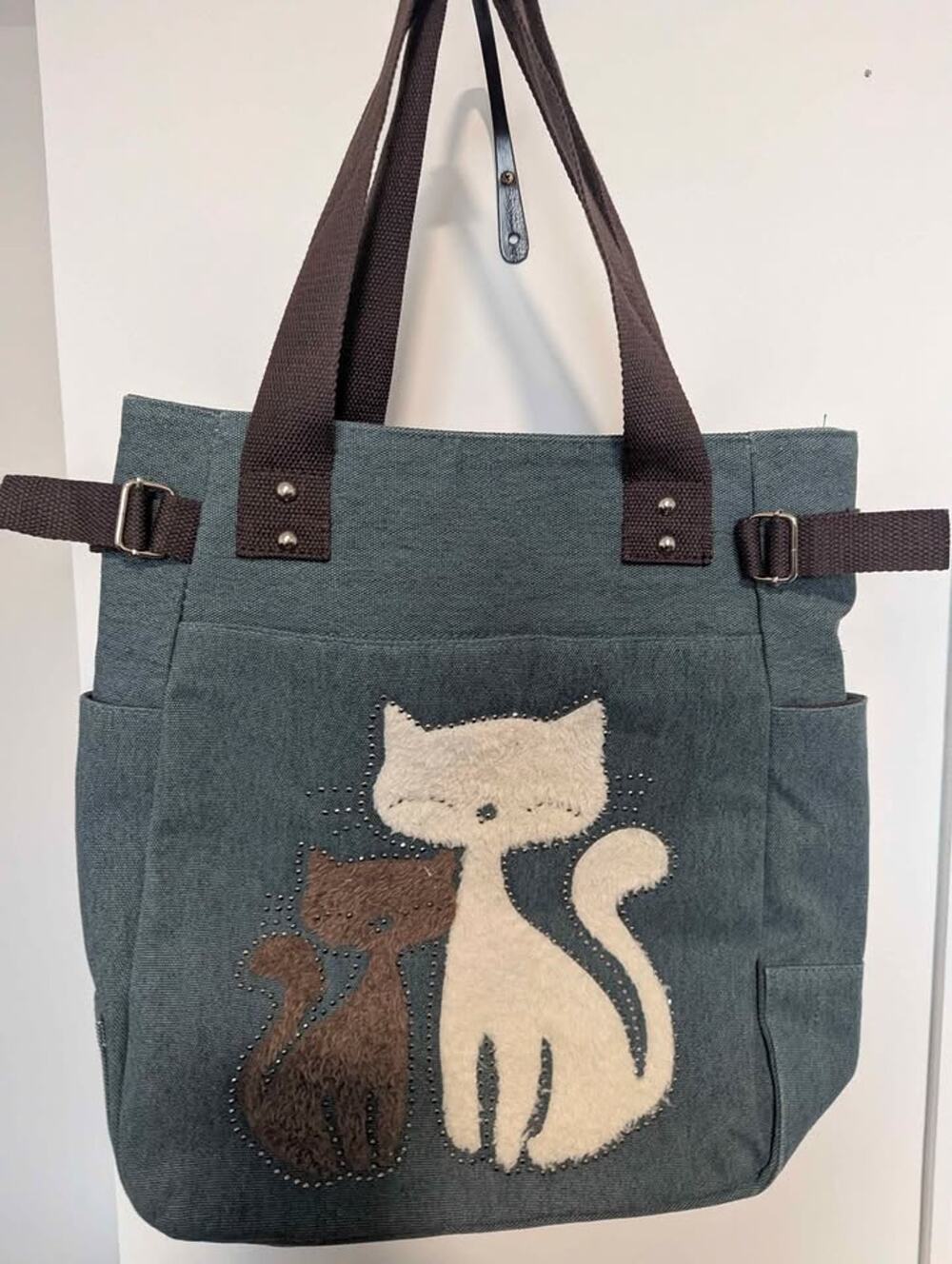 Embroidered cat canvas tote bag